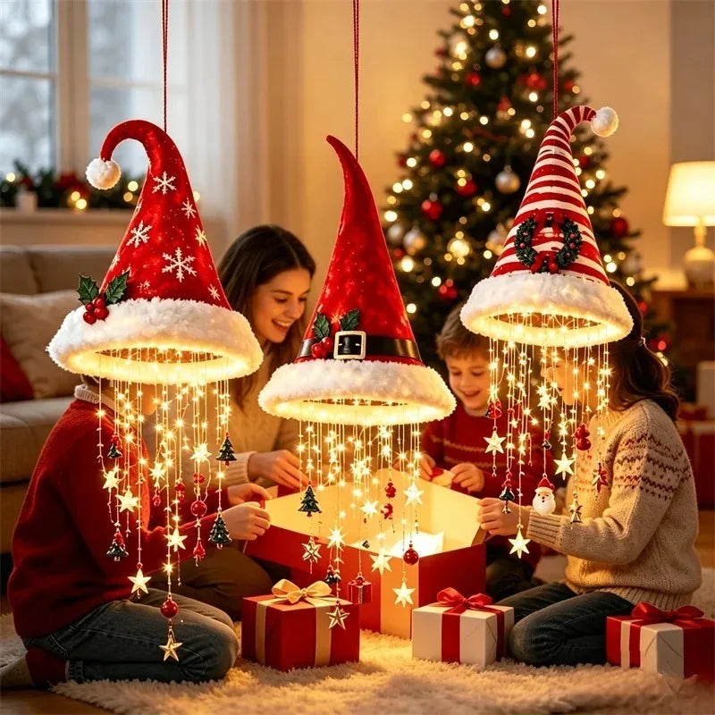 Christmas Santa Hat LED Hanging Light Warm Glowing Chandelier String Lights Xmas Ornament Home Stairway Holiday Party Decor New