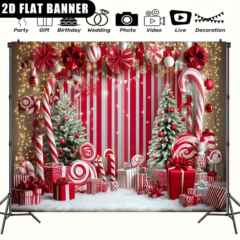 Christmas background, featuring elements of walking stick candy and gingerbread house, party decorations, Christmas decorations