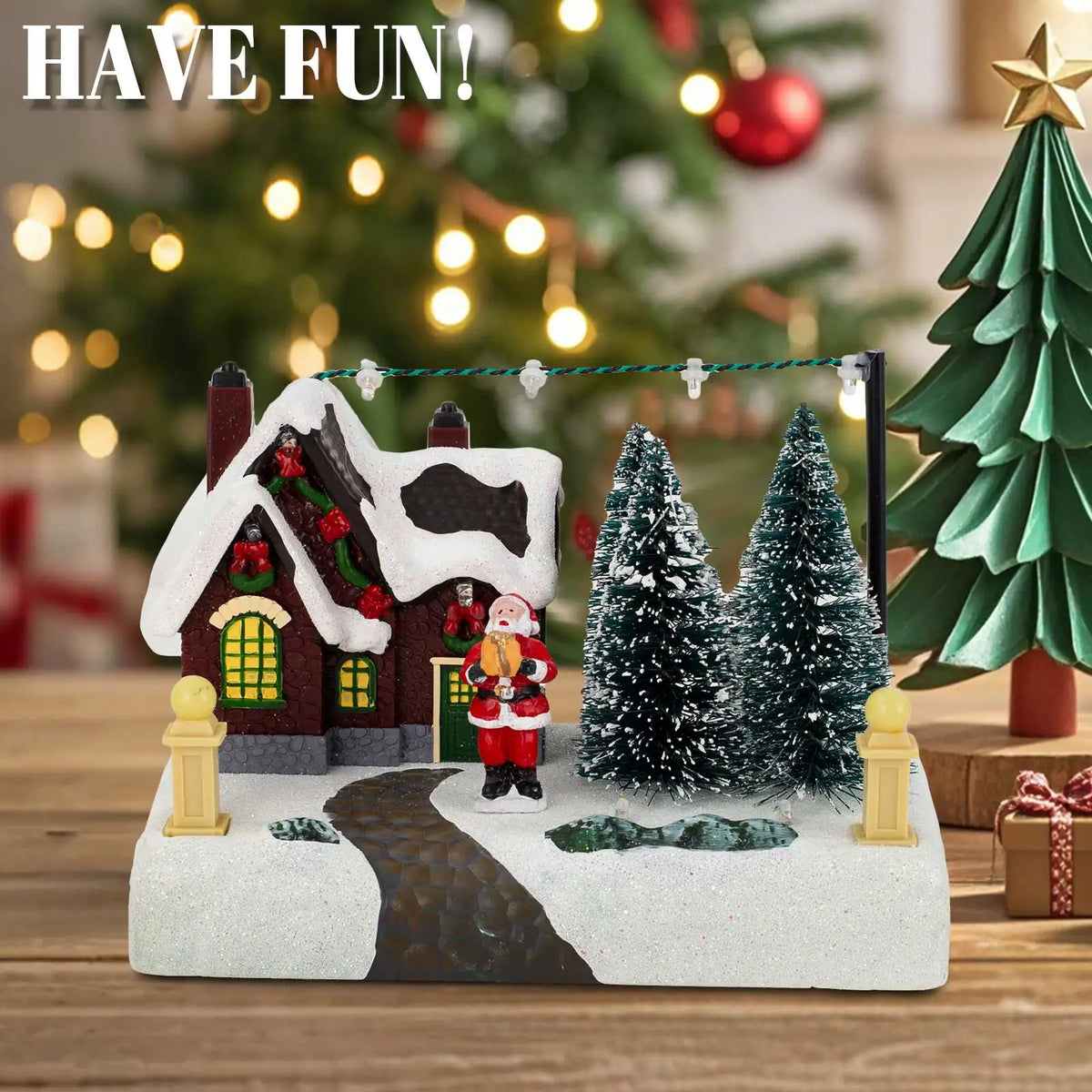 Christmas Village Scene Collectible Building with Lights Trees Santa Claus Snow Town Landscape Decor Holiday Home Desk Fireplace