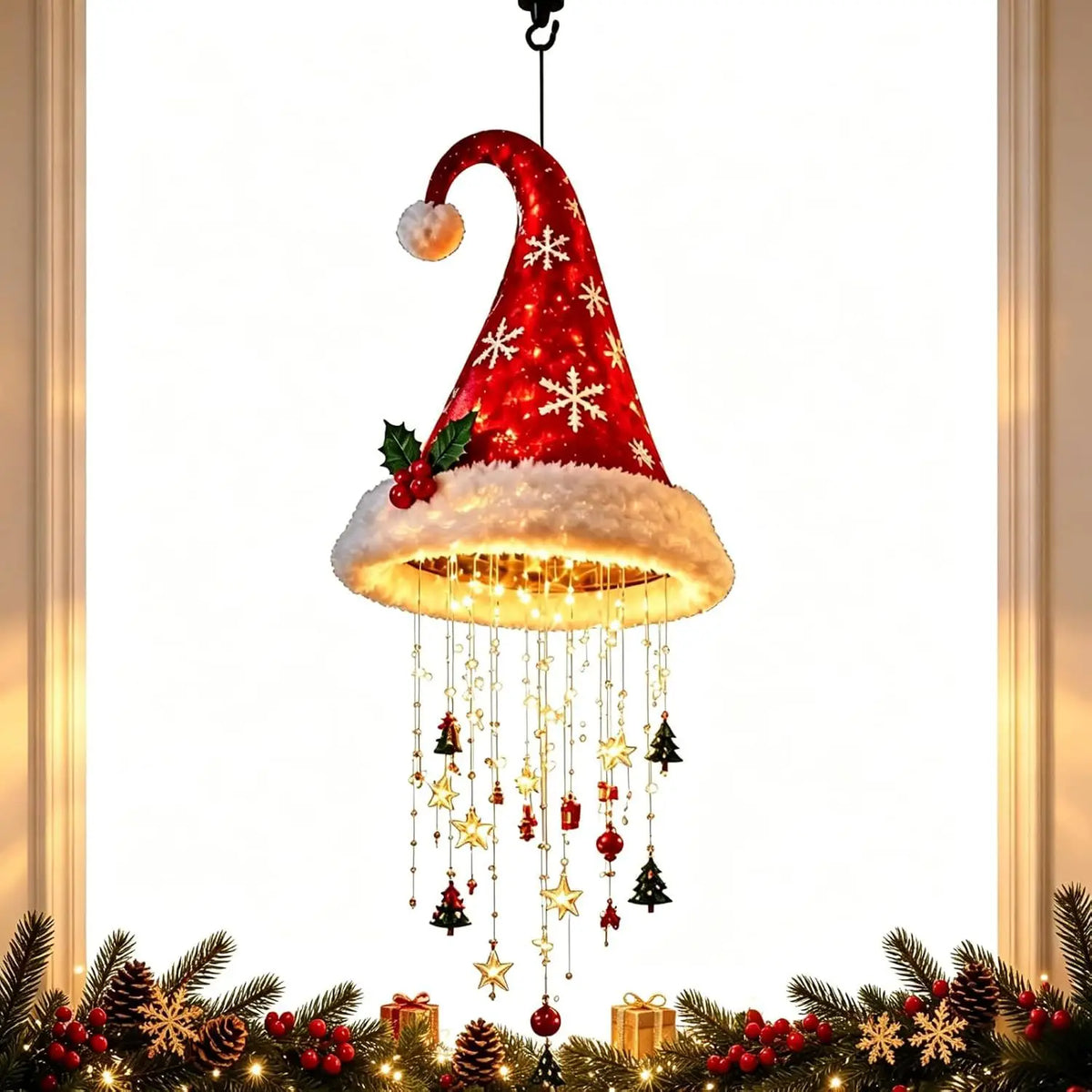 Christmas Santa Hat LED Hanging Light Warm Glowing Chandelier String Lights Xmas Ornament Home Stairway Holiday Party Decor New