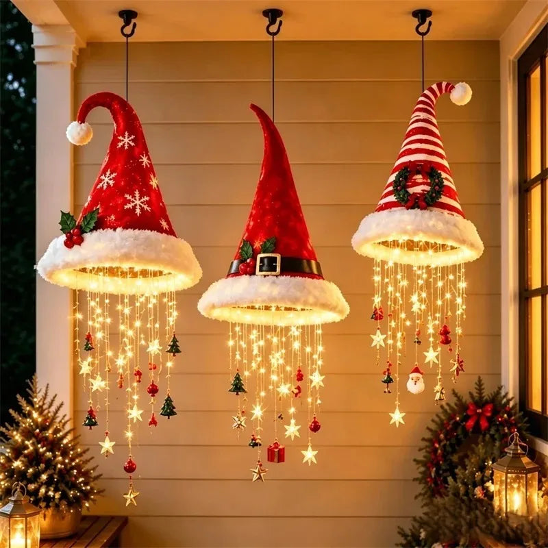 Christmas Santa Hat LED Hanging Light Warm Glowing Chandelier String Lights Xmas Ornament Home Stairway Holiday Party Decor New