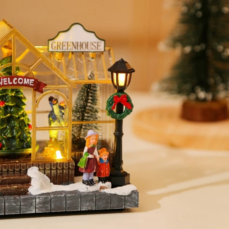 Christmas Musical Greenhouse Ornament with LED Lighting and Rotating Tree Figurines Statue Animated Village Ornament