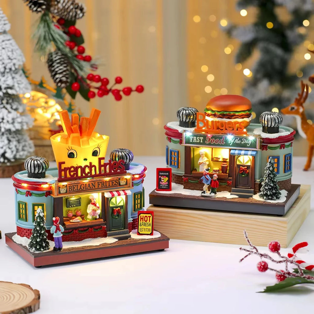 Christmas Rotate Lighted Music Box Resin Santa Ornament Gift Box Xmas Decorative Gift for Home Kitchen Cafe Window Holiday Party