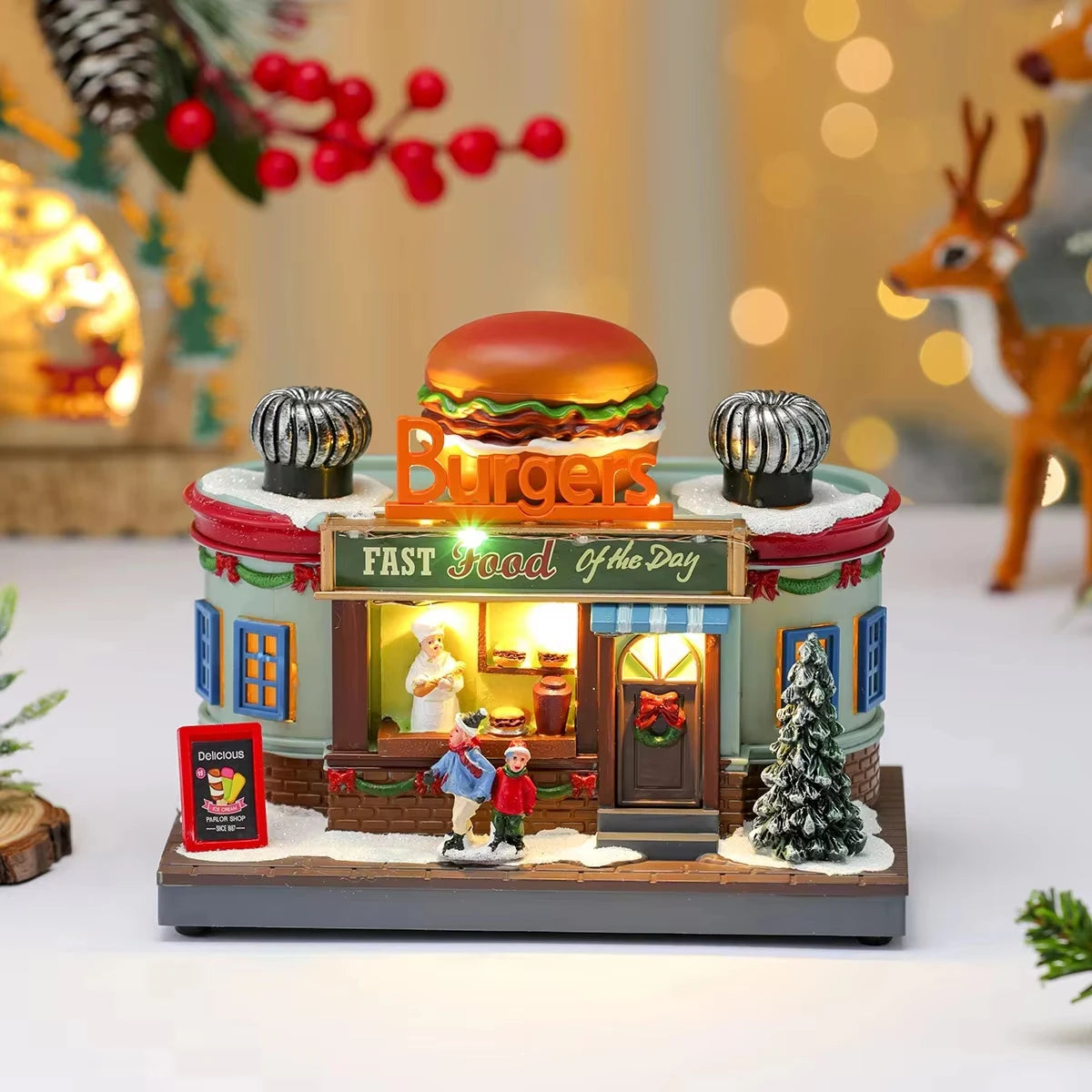 Christmas Lighted Music Box Resin Santa Ornament Gift Box Xmas Decorative Gift for Home Kitchen Cafe Window Holiday Party